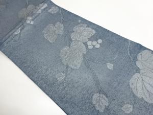 紗銀通し　葡萄に蔓葉模様織り出し開き名古屋帯(額縁仕立て)
